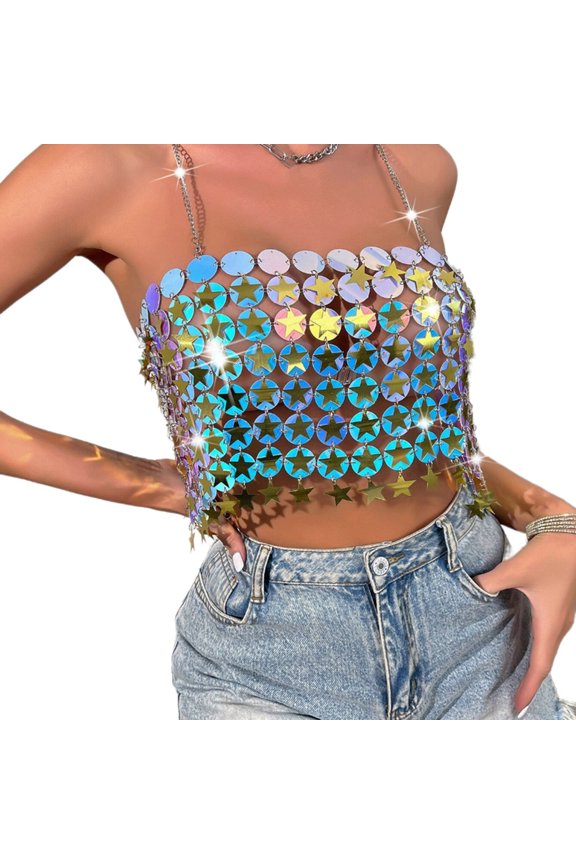 Women Layered Star Sequins Chest Chain Sexy Backless Body Jewelry Camisole Top