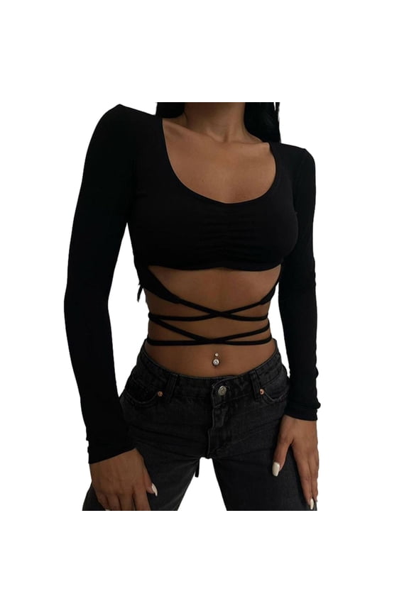 Women Long Sleeve Ruched Crop Tops Strappy Tee Shirt Slim Fit Bodycon T Shirt