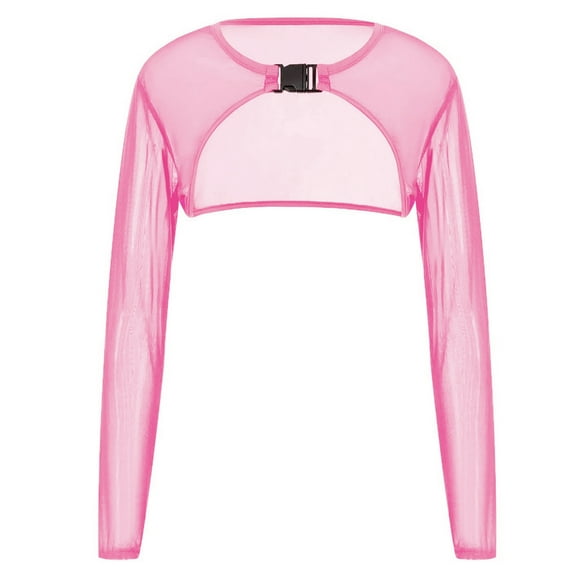 Yokua Women Mesh Long Sleeve Crop Top See Through Rave Cover Up T-Shirt with Buckle
