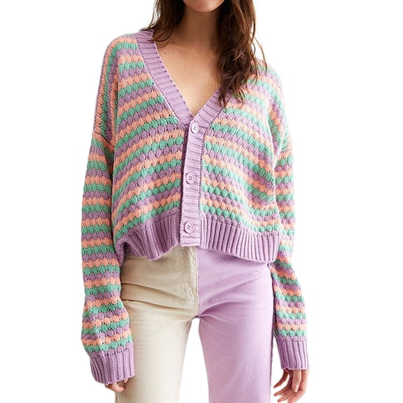 Yokua Women Multicolor Rainbow Striped Sweater Cardigan V-Neck Single-Breasted Long Sleeve Knitwear Coat Loose Cropped for Jac