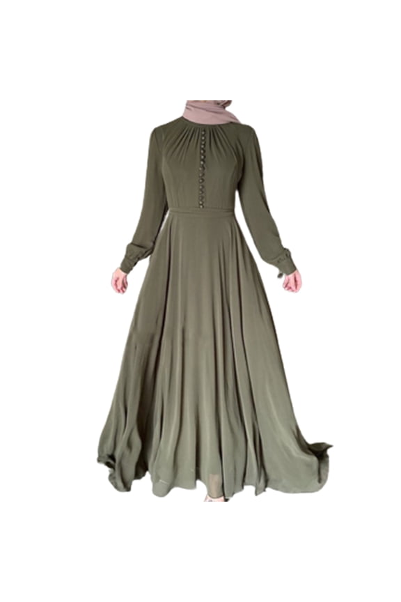 Women Muslim Maxi Long Lined Pleats Dress Belted High Waist Buttons Chiffon Abaya Kaftan Robe Flowy Swing Islamic Gown
