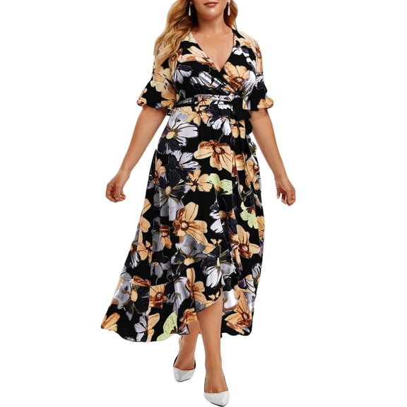 Yokua Women Plus Size Flare Half Sleeve Sexy V-Neck Midi Long Swing Dress Boho Floral Belted Split Asymmetric Ruffles Sundress