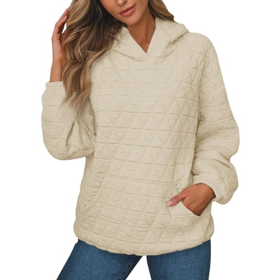 Yokua Women Quilted Hoodies Casual Long Sleeve Sweatshirts Trendy Lightweight Pullover Tops with Pocket Comfy Fall Clothes