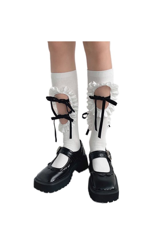 Women Ribbed Calf Socks Lolita Hollow Out Hole Ruffled Lace-Up Bow Stockings