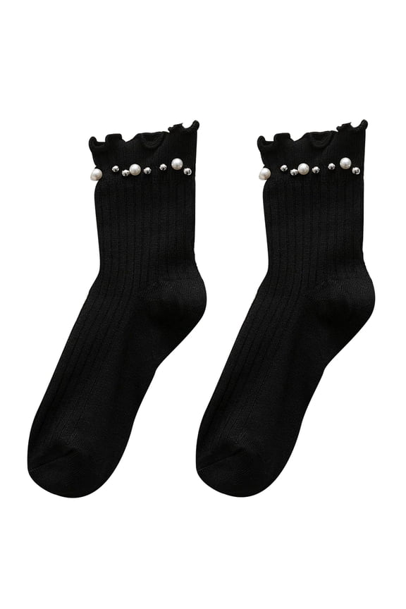 Women Ribbed Cotton Crew Socks with Pearls Beaded Ruffled Trim Solid Mid Hosiery