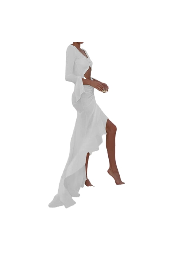 Women Sexy Mesh Long Sleeve V Neck Cut Out Ruched Ruffled Bodycon Beach Dress