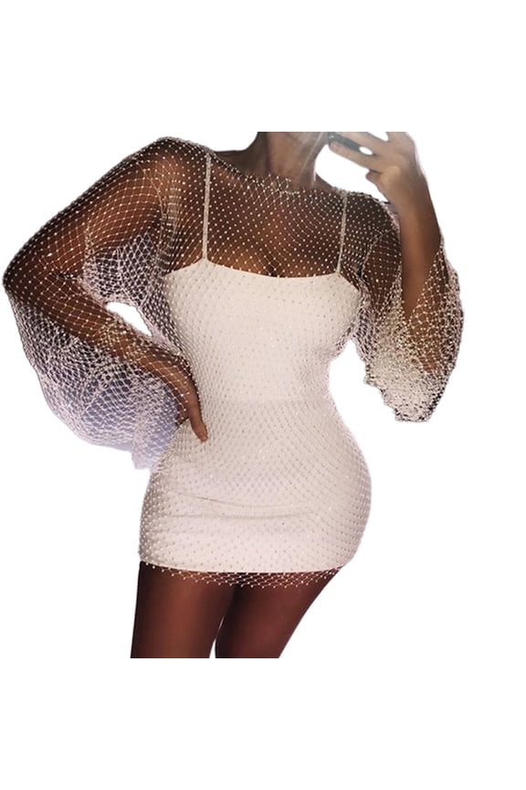 Women Sexy See Through Mesh Flare Long Sleeve Mini Dress Glitter for Rhinestone Fishnet Bodycon Beach Swimsuit Cover Up