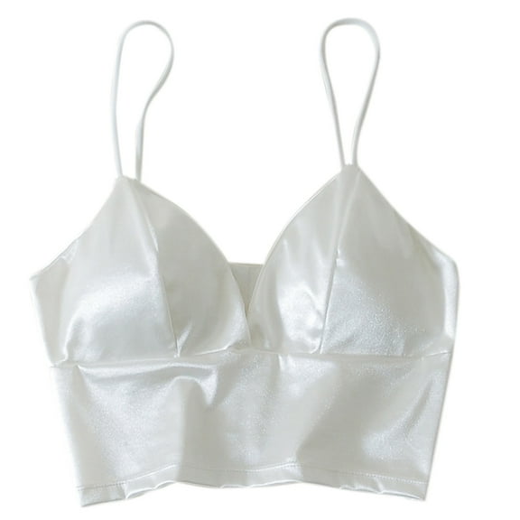 Yokua Women Sexy Silky Satin Spaghetti Strap Bralette Deep V-Neck Solid Color Camisole Crop Top Wireless Padded Bra Underwear