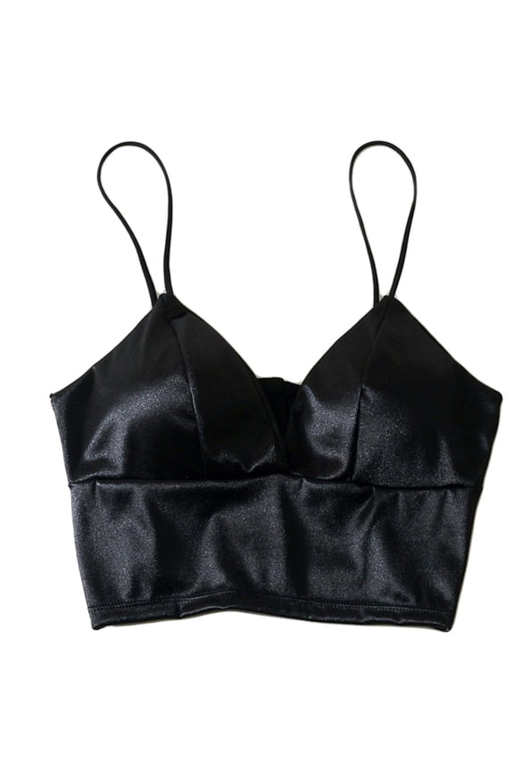 Women Sexy Silky Satin Spaghetti Strap Bralette Deep V-Neck Solid Color Camisole Crop Top Wireless Padded Bra Underwear