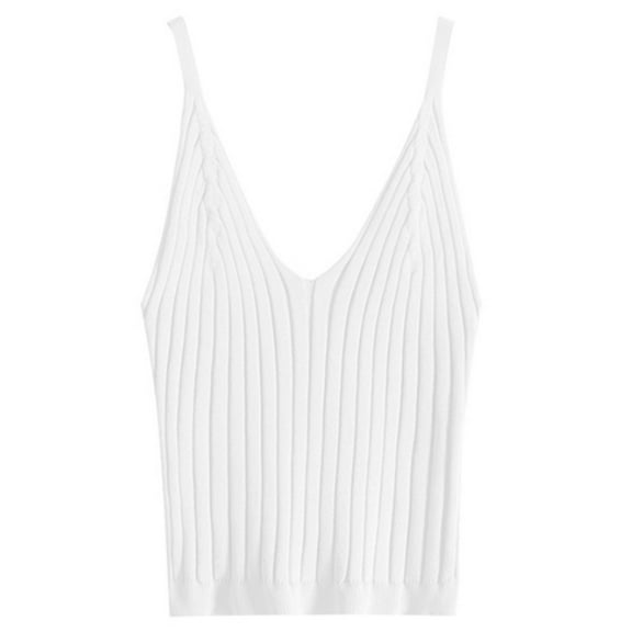 Yokua Women Sexy Sleeveless Crop for Tank Top Ribbed Knitted Spaghetti Strap Camisole Deep V-Neck Solid Color Basic Elastic Slim Sling Vest