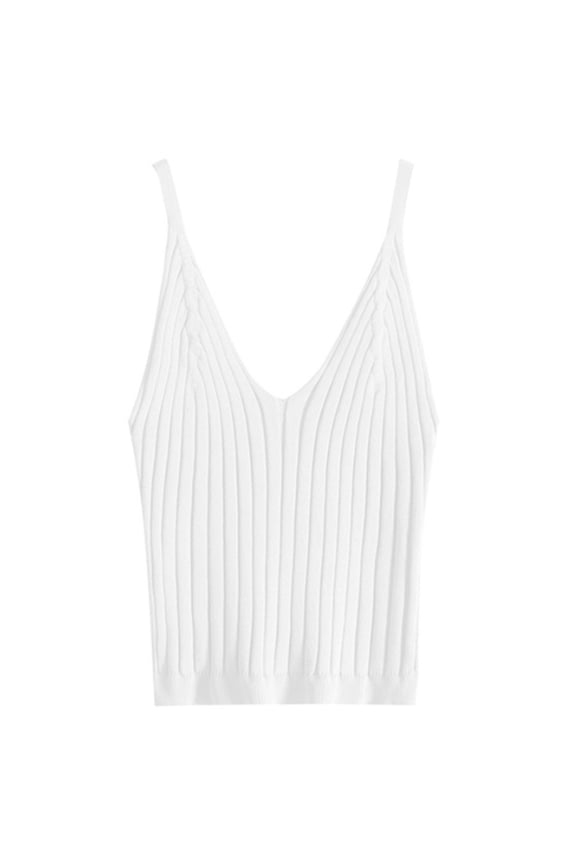 Women Sexy Sleeveless Crop for Tank Top Ribbed Knitted Spaghetti Strap Camisole Deep V-Neck Solid Color Basic Elastic Slim Sling Vest