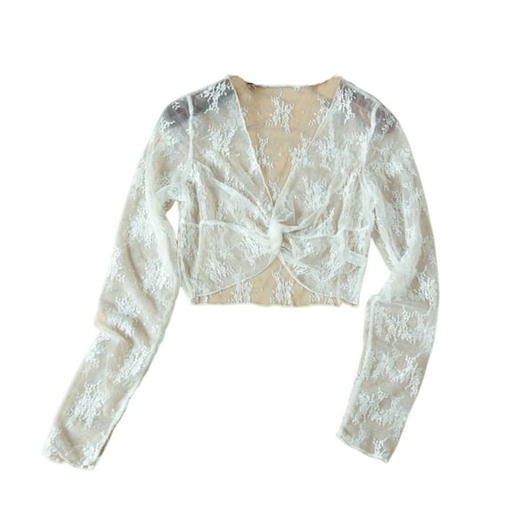 Yokua Women Sheer Lace Shrug Long Sleeve Twist Front Party Dress Cover Up for Bride