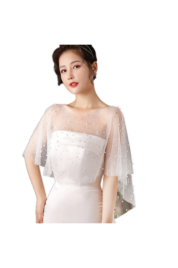 Women Sheer Tulle Pleated Wedding Shawl for Rhinestone Pearl Beaded White Capelet Vintage High Low Shrug Wrap Cape for Dress Cover Up