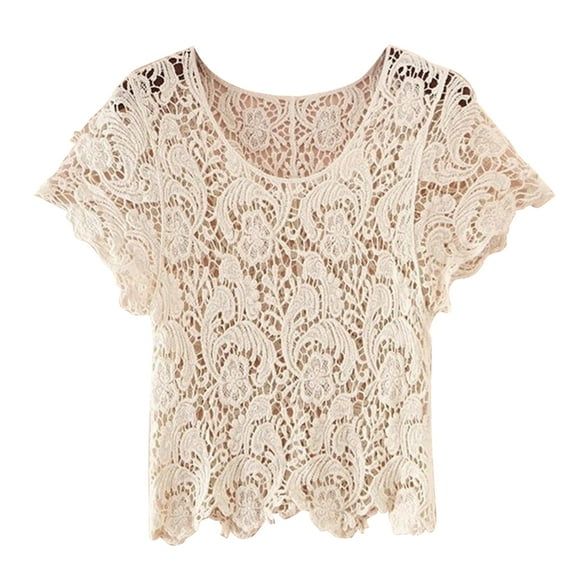 Yokua Women Short Sleeve Floral Lace Cover Up T-Shirt Hollow Crochet Crop Top Shrug