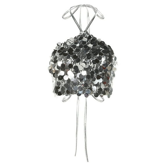 Yokua Women Silver Sequins Halter Tie Backless Camisole Crop Top Beach Party Clubwear