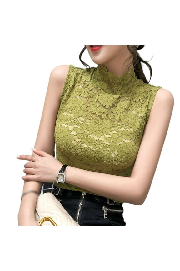 Women Sleeveless Mock Turtleneck Top Sleeveless Slim High Turtleneck Lace Tops