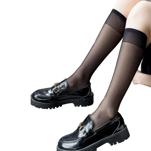 Yokua Women Solid Color Silk Over Calf Long Socks Summer Thin See Through Stockings