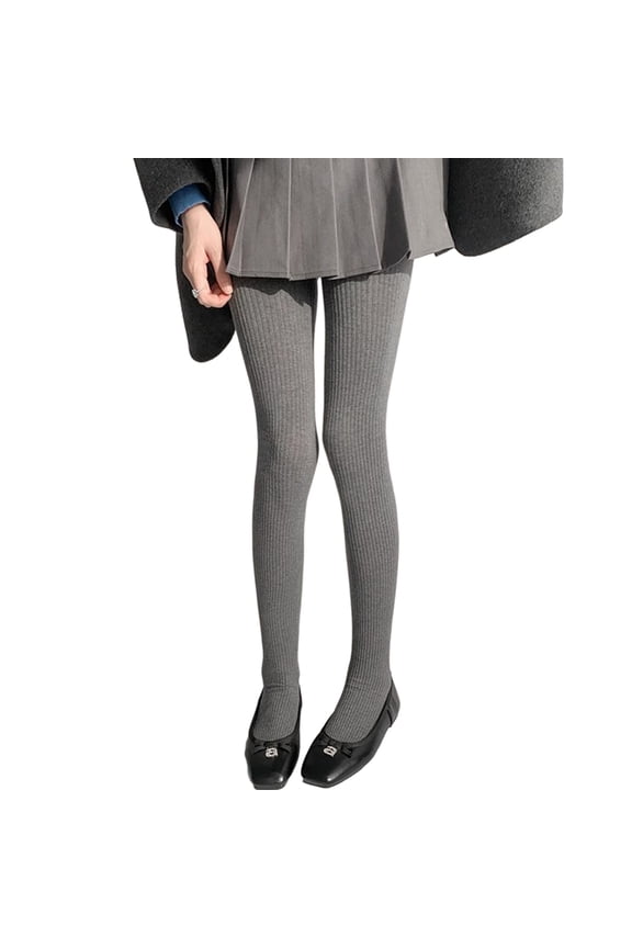 Women Solid Color Thicken Cotton Pantyhose Ribbed Knit Striped Sweater Tights