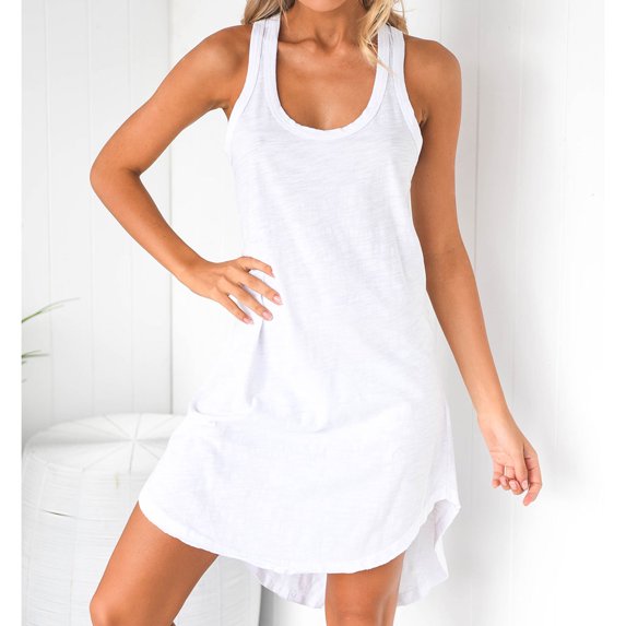 Yokua Women Solid Dress Exquisite Sleeveless Dress Comfortable Swing Mini Sundress