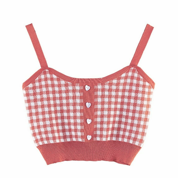 Yokua Women Spaghetti Strap Camisole Vintage Check Plaid Print Buttons Knit Crop Top