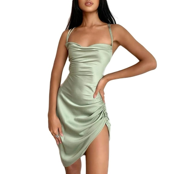 Yokua Women Spaghetti Strap Satin Lace-Up Backless Side Drawstring Bodycon Mini Dress