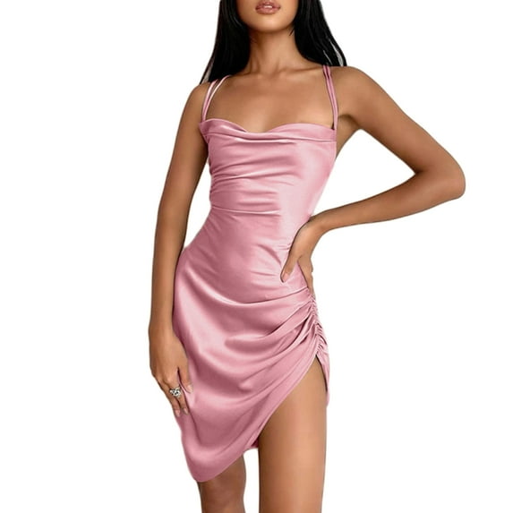 Yokua Women Spaghetti Strap Satin Lace-Up Backless Side Drawstring Bodycon Mini Dress