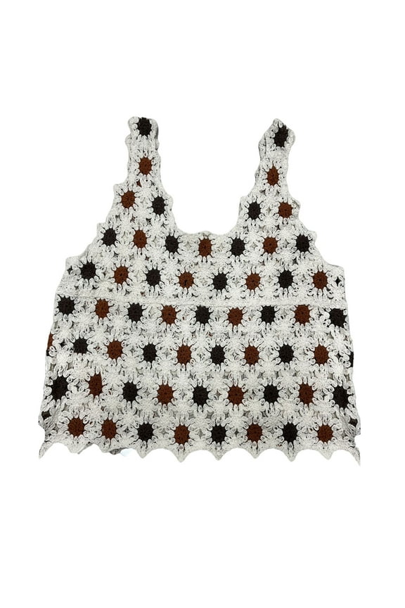Women Spring Hollow Out Crochet Knit Crop for Tank Top Sweet Embroidery Daisy Floral Sleeveless Mini Sweater Vest Scoop Neck Camisole Beachwear