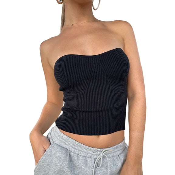 Yokua Women Strapless Off Shoulder Bandeau Tube Top Ribbed Knit Solid Color Crop Tops