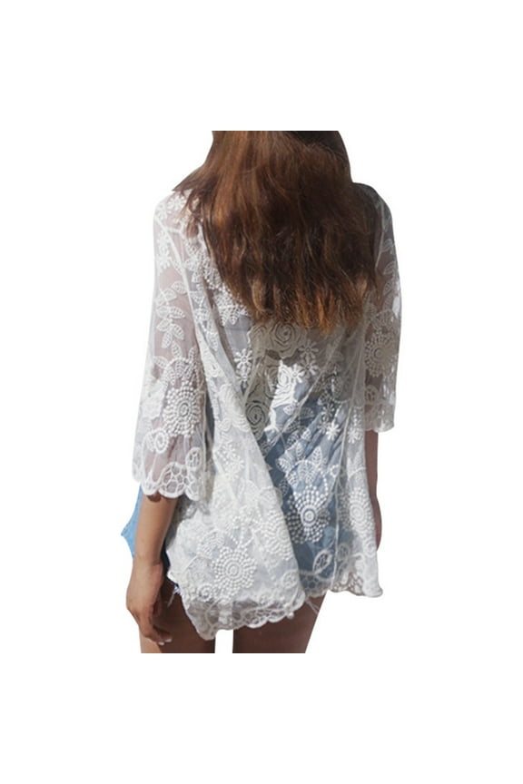 Women Summer Lace Open Front Kimono Cardigan Crochet Floral Leaves Pattern Sheer Mesh Swimsuit Cover Up See Through Beach Blouse Sarong