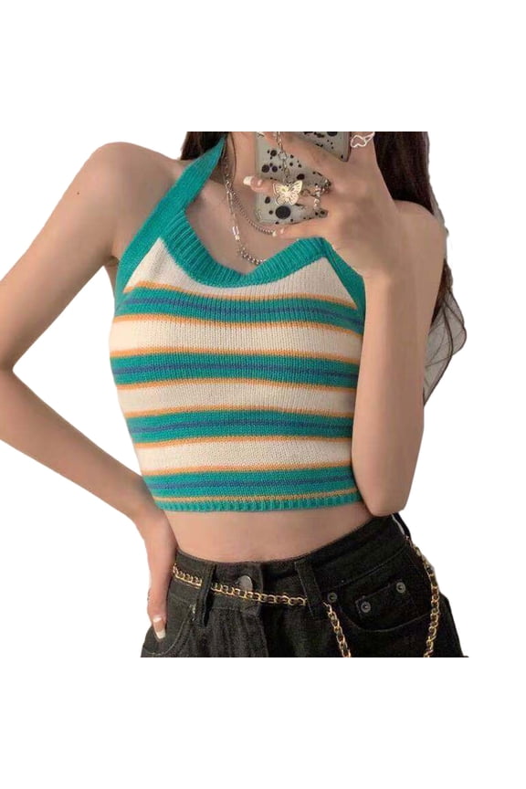 Women Summer Sexy Halter Backless Crop Top Bow Tie Back Contrast Color Striped Knit Camisole Casual Slim Fit Sweater Vest Beachwear