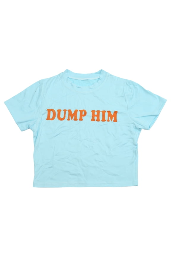 Women Summer Short Sleeve O-Neck Crop Top Aesthetics Dump Him Letters Printed T-Shirt Solid Color Casual Slim Blouse