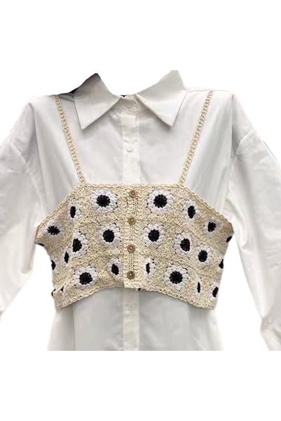 Women Summer Sleeveless Sweater Vest Crochet Daisy Floral Button Mini Crop Top