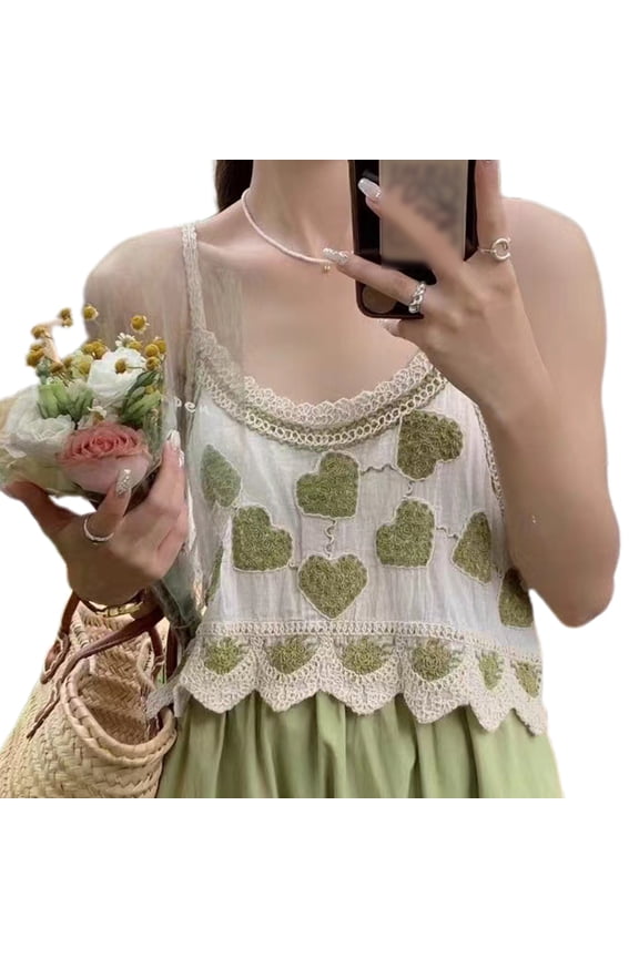 Women Summer Spaghetti Strap Camisole Scoop Neck Lace Trim Sweet Love Heart Embroidery Crop Top Irregular Wavy Hem Slim Mini Sling Vest Beachwear