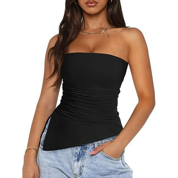 Yokua Women Summer Strapless Bandeau Shirt Solid Color Ruched Asymmetrical Tube Top