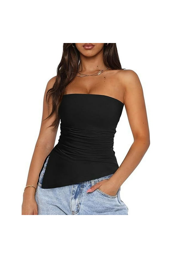 Women Summer Strapless Bandeau Shirt Solid Color Ruched Asymmetrical Tube Top
