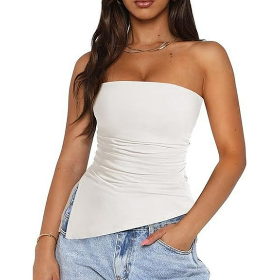 Yokua Women Summer Strapless Bandeau Shirt Solid Color Ruched Asymmetrical Tube Top