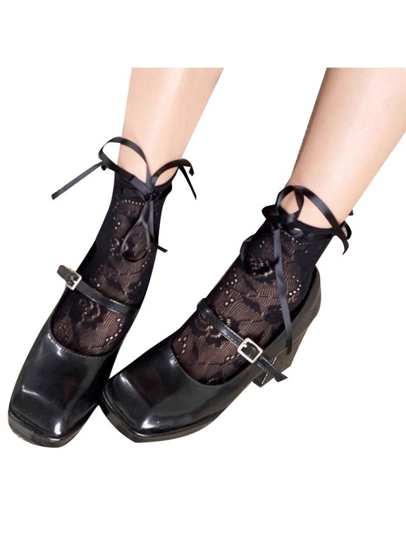 Women Sweet Hollow-Out Lace Ankle Socks Cute Bowknot Bandage Middle Tube Socks