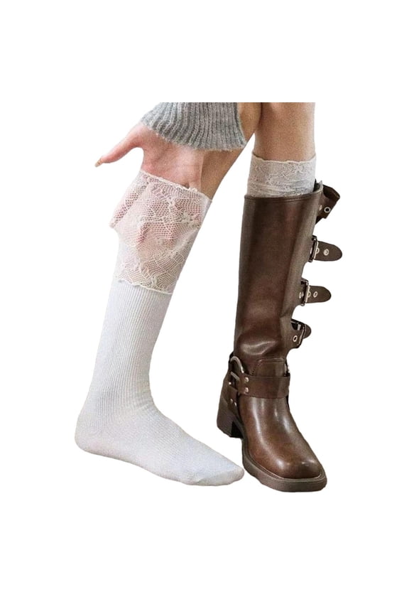 Women Sweet Lace Patchwork Ruffle Calf Socks Solid Color Long Tube Boot Socks