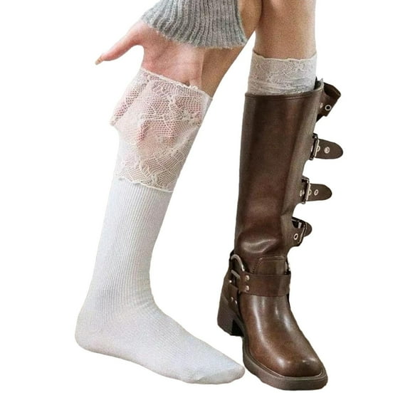 Yokua Women Sweet Lace Patchwork Ruffle Calf Socks Solid Color Long Tube Boot Socks