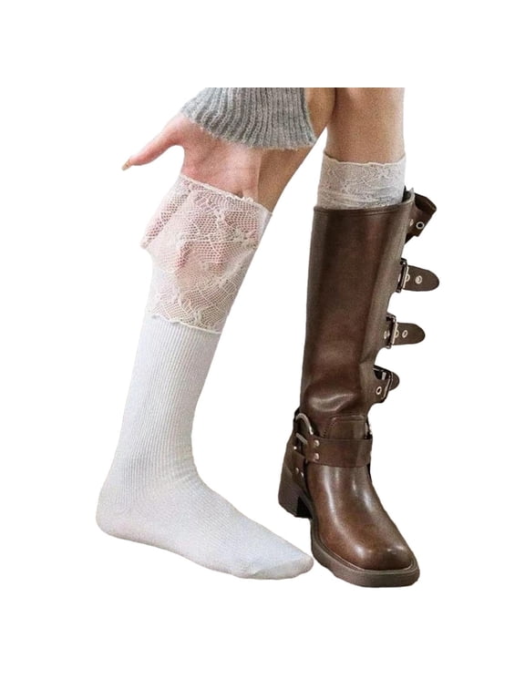 Women Sweet Lace Patchwork Ruffle Calf Socks Solid Color Long Tube Boot Socks