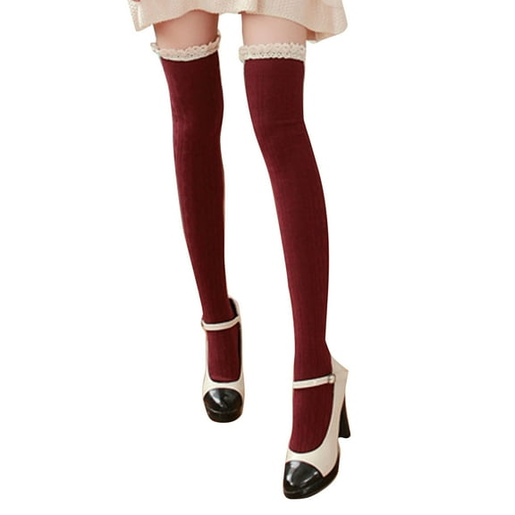 Yokua Women Twist Cable Knit Thigh High Stockings with Frilly Ruffled Lace Trim Vertical Striped Jacquard Over Knee Long Socks