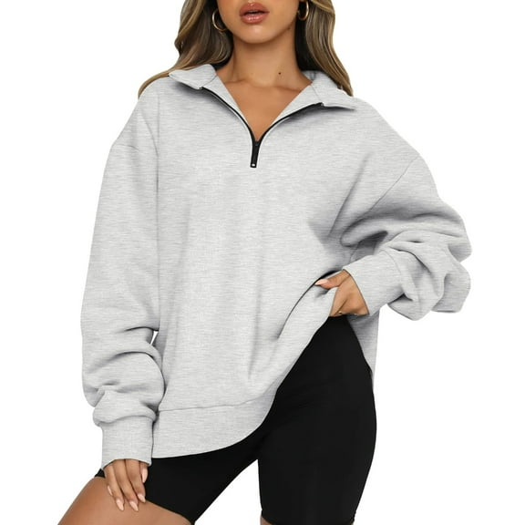 Yokua Women V-Neck 1/4 Zipper Sweatshirt Drop Shoulder Oversized Pullover Tunic Top