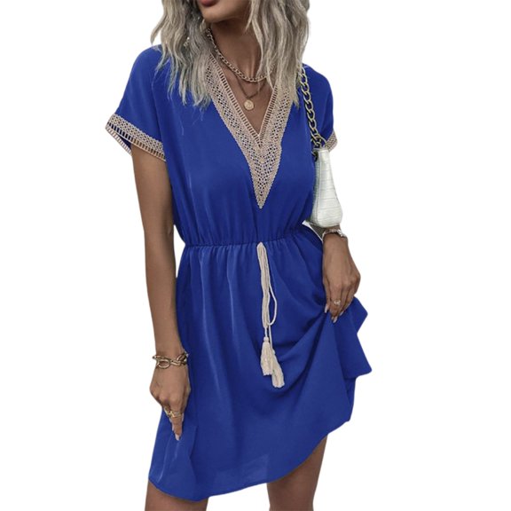 Yokua Women V Neck Short Sleeve A Line Midi Dress Lace Trim Drawstring Waist Dresses