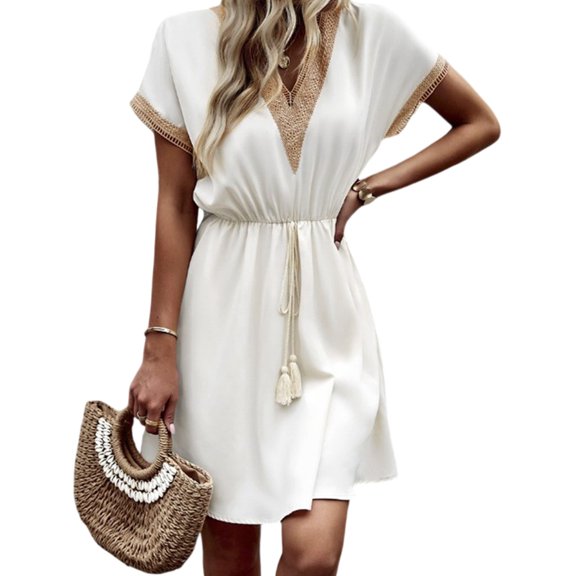 Yokua Women V Neck Short Sleeve A Line Midi Dress Lace Trim Drawstring Waist Dresses