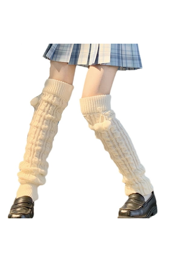 Women Winter Cable Knit Long Leg Warmers Japanese Lolita Cute Plush Hair Ball Bowknot Foot Cover Kawaii Thigh High Socks Boots Stockings