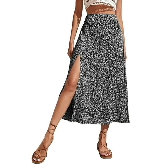 Yokua Women's Bohemian Floral Print High Waist Split A Line Midi Skirt