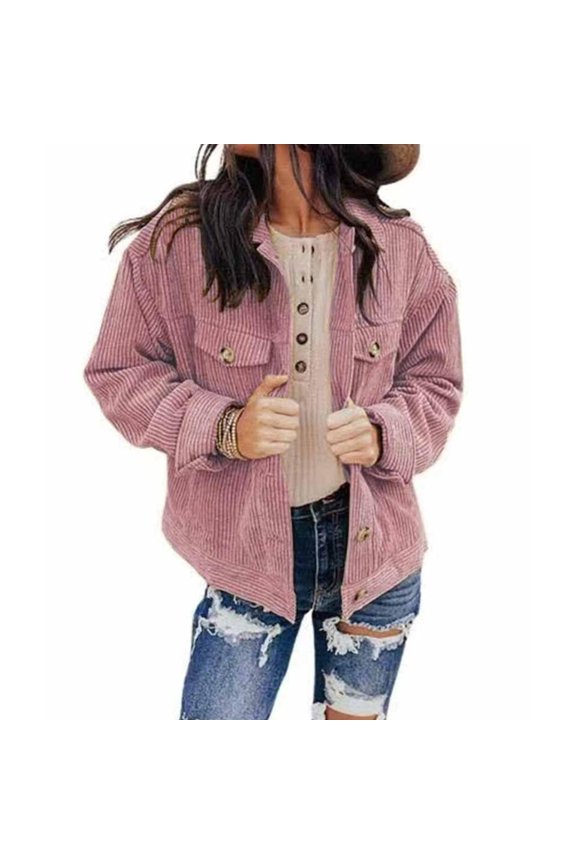 Women's Casual Lapel Loose Button Down Long Sleeve Corduroy Jacket with Pockets