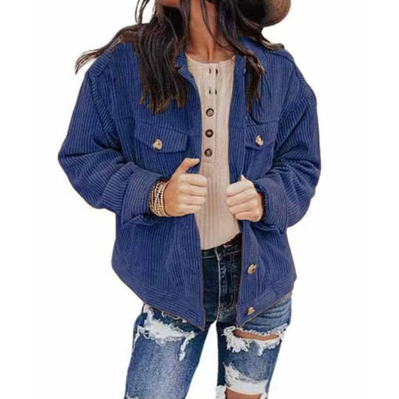 Yokua Women's Casual Lapel Loose Button Down Long Sleeve Corduroy Jacket with Pockets
