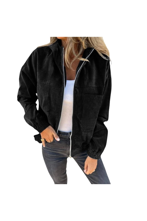 Women's Corduroy Drawstring Hooded Pocket Zip Up Jacket Loose Shacket Coat