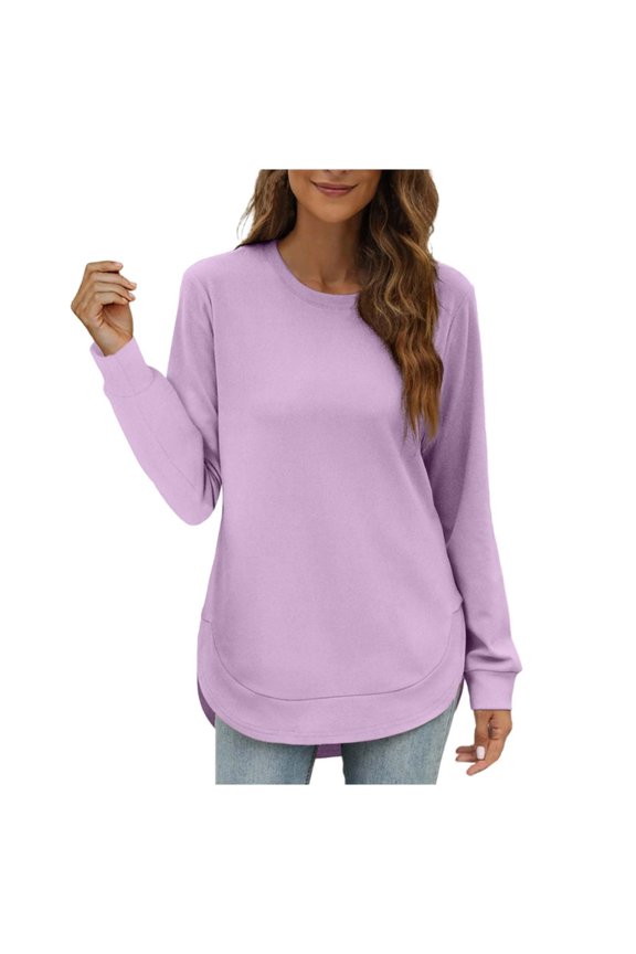 Women's Crew Neck Curved Hem Sweatshirt High-Low Neck Comfortable Long Sleeve Side Slit Shirt Top
